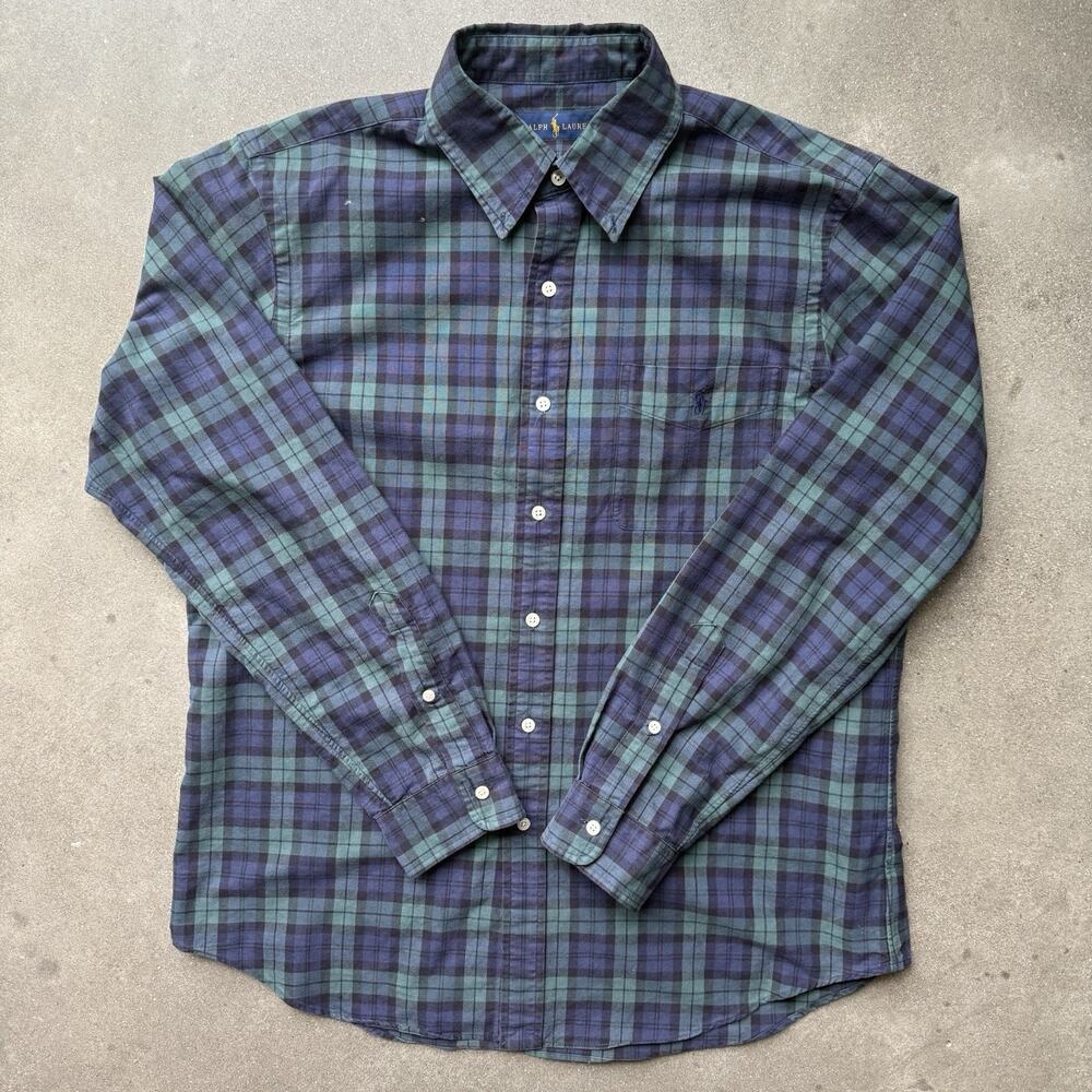 Polo Ralph Lauren Oxford Button Down Dress Shirt Work Collared‎ Green Plaid Sz L